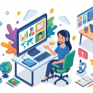 Изометрическая иллюстрация для онлайн-репетитора по английскому языку для учеников начальной школы на белом фоне
