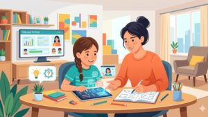 Иллюстрация ребенка за учебой с помощью онлайн-репетитора для статьи о проблемах с домашними заданиями